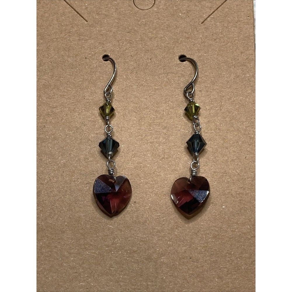 Crystal Heart EARRINGS Green Gray Purple drop Dangle Hook